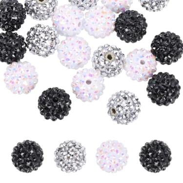 Imagem de PATIKIL Contas de strass de resina de 16 mm para caneta com contas, pacote com 30 bolas de discoteca brilhantes em pedaços redondos de chiclete para chaveiros com contas, branco/preto/prata