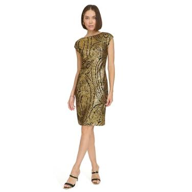 Imagem de Tommy Hilfiger Vestido feminino com mangas cavadas, gola batida, salão, elástico, Preto/dourado, 44