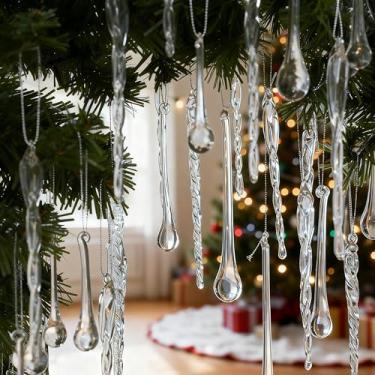 Imagem de Enfeites de gelo de vidro para decoração de árvore de Natal, 32 peças de vidro de cristal transparente para pendurar no gelo para árvore de Natal, lustre congelado no país das maravilhas de inverno