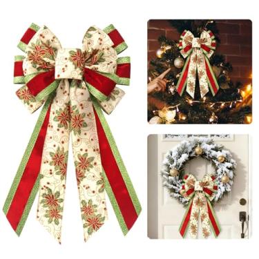 Imagem de Threetols Grandes laços de guirlanda de Natal, laços listrados verdes vermelhos com glitter para grinalda, flores vintage, veludo, para decoração frontal de inverno, Natal, Ano Novo, para decoração