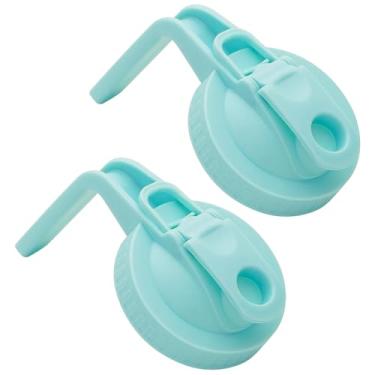 Imagem de 2 peças de frasco de vidro de boca larga com tampa de bico hermético com alça, transforma seu pote de vidro em jarra, tampa flip durável sem BPA, fácil de limpar, ajuste para potes de conserva (azul