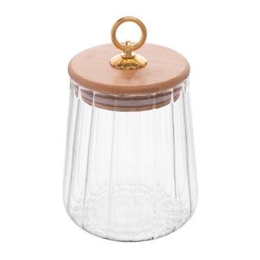 Imagem de Pote Porta Mantimentos de Vidro Canelado C/Tampa Hermética de Bambu e Puxador de Metal Classic 650ml Wolff