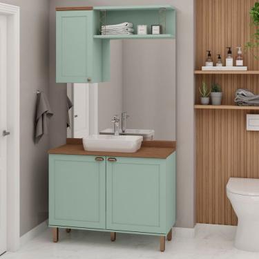 Imagem de Conjunto de Banheiro Modulado 100% Mdf Americano 3 Peças Iluminata Verde Mint/Ébano