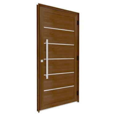 Imagem de Porta de Alumínio de Giro Lambri com Friso Puxador de 80cm em Aço Inox 215x105cm Lucasa Eccellente Amadeirado