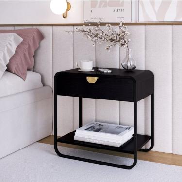 Imagem de Mesa de Cabeceira 60cm 1 Gaveta Orgânica Pé Metal Luna Nero/Preto