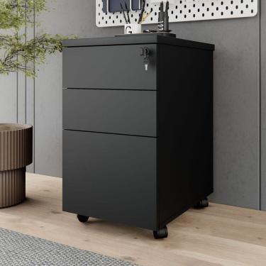 Imagem de Gaveteiro Móvel Escritório 3 Gavetas e Chave com Rodízios e Puxadores Metálicos Corporate Preto