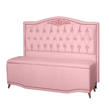 Imagem de Kit Cabeceira e Calçadeira Baú Maitê Casal Queen 160cm Veludo Rosa Bebê - Montanaris Decor