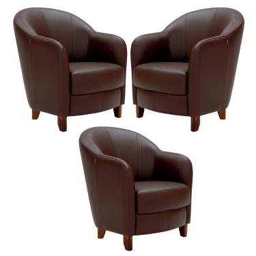 Imagem de Kit 3 Poltronas Decorativas Sala de Estar Pés Madeira Kairós Couro Chocolate - Gran Belo