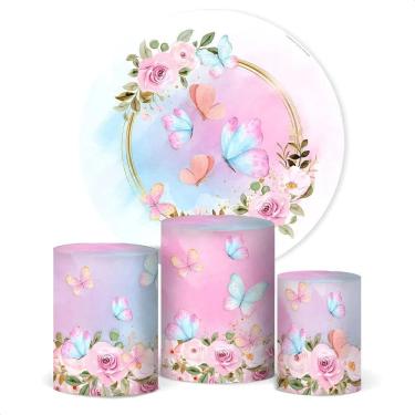 Imagem de Painel De Festa E Capa Cilindro Decoração Subl Borboleta Ros