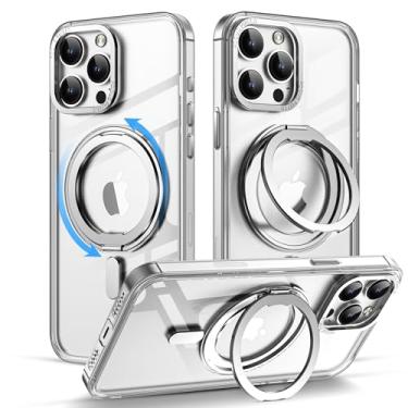 Imagem de Capa para iPhone 15 Pro com suporte magnético invisível, proteção contra quedas militares, compatível com MagSafe, suporte magnético giratório de 360°, capa de telefone transparente à prova de choque