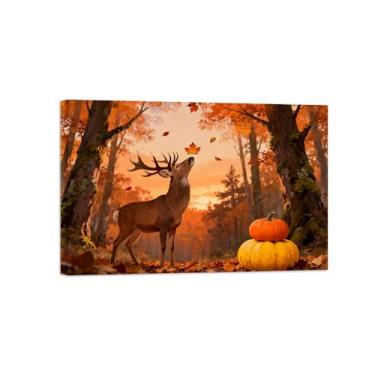 Imagem de Quadro arte parede outono-Veado-abóbora floresta Impressões em tela paisagens-Pintura animais para decoração sala estar 20x30cm Tela Embrulhada