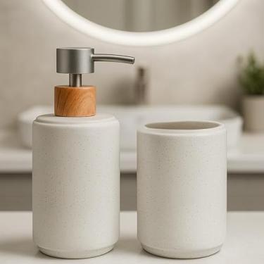 Imagem de Kit Banheiro Cerâmica 2 Peças - Porta Sabonete Líquido e Porta Escova para Decoração Lavabo(SNOW BRANCO)