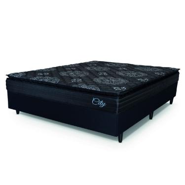 Imagem de Cama Box Casal Queen Colchão Com Molas Ensacadas City Pillow Top 158x198x61cm Preto Hellen