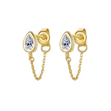 Imagem de Efashion Brincos femininos de prata esterlina 925 banhados a ouro 14K estilo francês simples com zircônia gota de água, Medium, Ouro amarelo, Zircônia