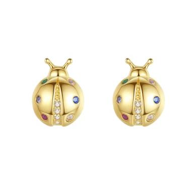 Imagem de Efashion Brincos de joaninha femininos banhados a ouro 14K estilo INS banhados a prata esterlina 925 com zircônia colorida, Small, Ouro amarelo, Zircônia