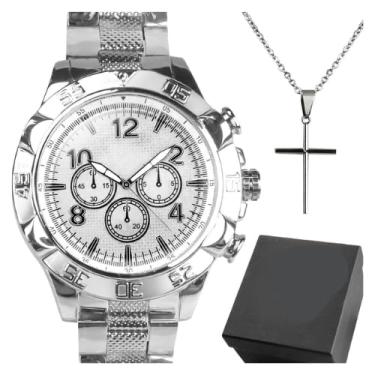 Imagem de Kit Presente Relógio Masculino Social Esportivo Aço Inox Analógico Prata + Colar e Pingente Cruz