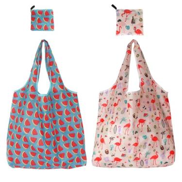 Imagem de 2 sacolas de compras grandes reutilizáveis, laváveis na máquina. Podem ser dobradas e colocadas nos bolsos., rosa, 2PCS
