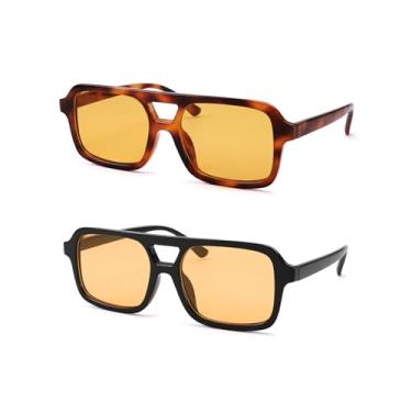 Imagem de Óculos de sol retrô estilo aviador quadrado anos 70 para mulheres e homens, vintage, moderno, retangular, laranja, matizado, C2* (Preto/Laranja + Leopardo/Laranja) - Pacote com 2