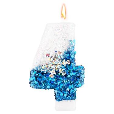 Imagem de Velas com número de aniversário de lantejoulas de floco de neve, decoração de bolo de festa de aniversário com tema de neve, decoração de inverno, brilhante, azul, branca, número número (número 4)