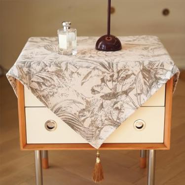 Imagem de Toalha de mesa de cabeceira quadrada pequena bordada floral capa de mesa de cabeceira rústica, toalha de mesa lateral de fazenda com borlas, capa de mesa de canto resistente para decoração de festa de