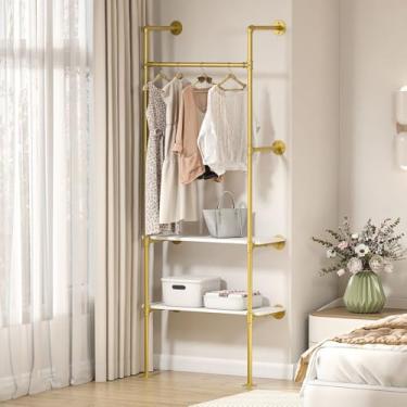 Imagem de DABILONGC Rack de roupas de tubulação industrial, 2 métodos de instalação, sistema de armazenamento de armário para organização de guarda-roupa (ouro, 203 cm A x 218 cm L x 21,8 polegadas)