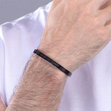 Imagem de Pulseira masculina ajustável, frase inspiradora Keep Calm and Carry On, acessório minimalista, banhado a ouro/preto, pulseira de aço inoxidável, Large, Aço inoxidável, Sem Pedra Preciosa