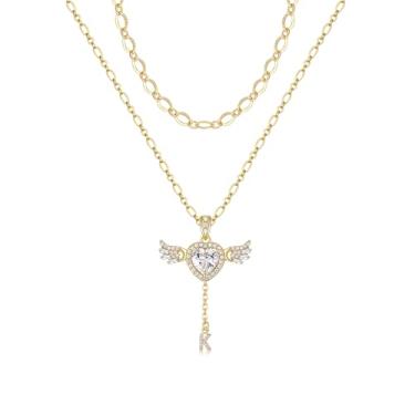 Imagem de MEIITRUE Colar feminino com inicial de coração de anjo banhado a ouro 14K, zircônia cúbica, amor com asas móveis, pingente de nome personalizado em camadas delicadas, corrente personalizada, presente