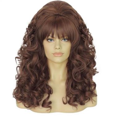 Imagem de Peruca de cabelo sintético castanho retrô de 60 cm de comprimento enca
