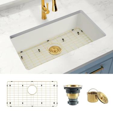 Imagem de Lonsince Pias de cozinha embutidas, pia composta de granito branco, pia de tigela única em pias de cozinha (78,7 cm x 45,7 cm)