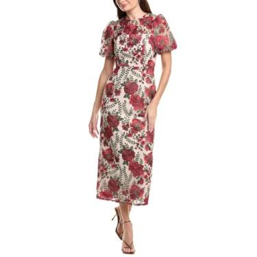 Imagem de Adrianna Papell Vestido feminino bordado com manga bufante, Vermelho/Nude, 48