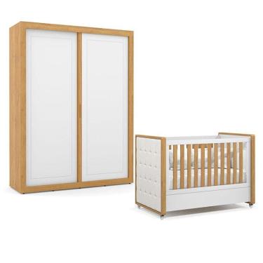 Imagem de Berço Americano Com Capitonê New Boucle E Guarda Roupa Tutto New 2 Portas Freijó Branco Acetinado