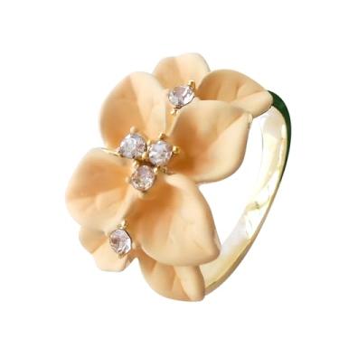 Imagem de Navachi Anel de flor de folhas de esmalte de cristal transparente banhado a ouro 18 k, 11, Zinco Esmalte, Cristal