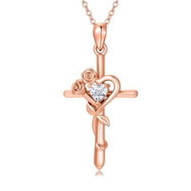 Imagem de Dralox Colar de cruz para mulheres, banhado a ouro rosa, pingente de coração de flor moissanita, cruz, crucifixo, joias, presente de aniversário para mãe, esposa, irmã, 50,8 cm
