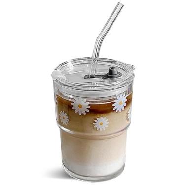 Imagem de Copo de vidro Olvini Daisy 400mL com palha e tampa