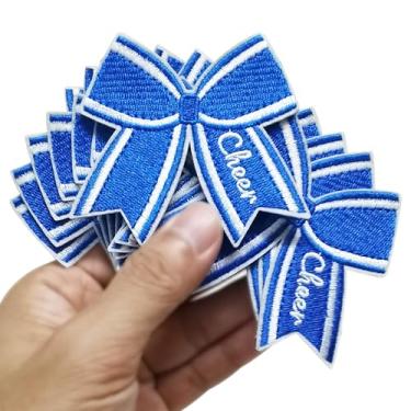 Imagem de FSFYXHC 12 peças Game Day Cheer Girl Bow Iron On Bordado Remendos Apliques Máquina Bordado Bordado Costura Crianças Meninas Meninos DIY 7,6 cm x 6,3 cm (Azul)