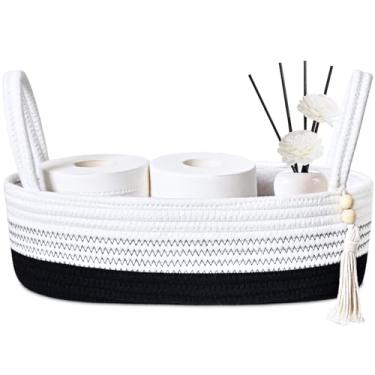 Imagem de ABenkle Cesta de armazenamento pequena para vaso sanitário – Organizador de corda de juta com alça, decoração de banheiro de bancada boho, suporte de papel higiênico, 33 x 15 x 10 cm