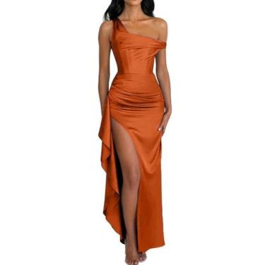 Imagem de Vestido de baile Alphirkut Satin, comprido, sem ombros, laranja escuro