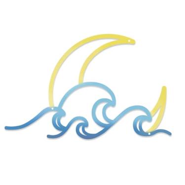 Imagem de Bnesi Onda de arame de metal azul costa mar praia decoração de parede banheiro arte de parede tema oceano pendurado para casa sala de estar prancha de surf decoração para quarto banheiro parede (lua