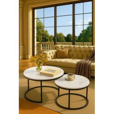 Imagem de Kit Mesas de Centro Redondas modernas estilo mármore preto branco e ma