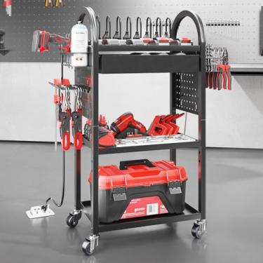 Imagem de SOYEEZE Carrinho utilitário com estação de carregamento e gaveta, carrinho de rodinhas de 4 níveis com placa de fixação, carrinho de ferramentas de chão sobre rodas, rack de armazenamento de garagem