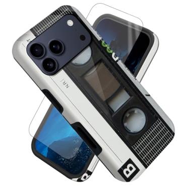 Imagem de FUYOCWE Capa para iPhone 17 Pro, capa de fita cassete antiga com padrão lateral, protetor de tela + capa híbrida fina de camada dupla macia interna e rígida para iPhone 17 Pro de 6,3 polegadas