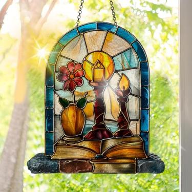 Imagem de Apanhador solar de acrílico colorido, decoração de janela suspensa com design de vitral impresso, apanhador de sol, arte de parede de arco-íris, ornamentos de Natal para uso interno e externo 19,8 x