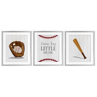 Imagem de Stupell Industries Obtenha seu jogo de beisebol em 3 peças de impressão emoldurada cinza sob o conjunto de vidro, design por Christine Simpson Art, 21 x 17