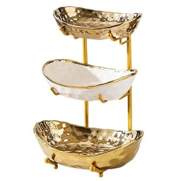 Imagem de jessie Tigela de frutas de 3 camadas para balcão de cozinha, tigela de cerâmica com suporte de metal dourado, cesta de frutas de 3 camadas para pão de legumes, doces, lanches, nozes, bandeja de bolo