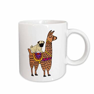 Imagem de 3dRose 270099_2.5 cm Caneca divertida de desenho animado de cachorro pug montando lhama, 325 ml, branca