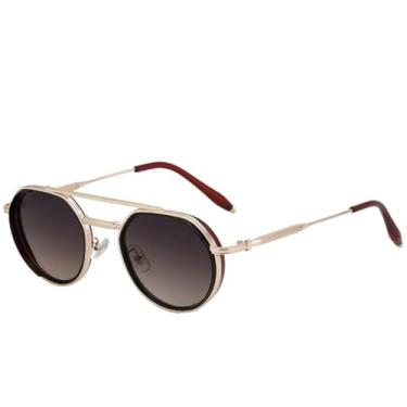 Imagem de JRLLFD Óculos de sol punk metal oval feminino, armação pequena luxuosa, masculino, para dirigir ao ar livre, UV400 (chá dourado degradê)