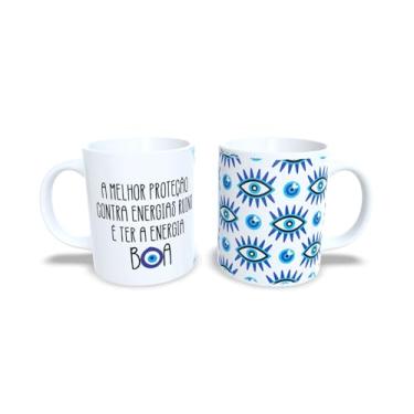 Imagem de Caneca Decorativa com Olho Grego, Cerâmica Branca, 325ml, Design Místico com Padrão de Olhos e Amuletos (10565)