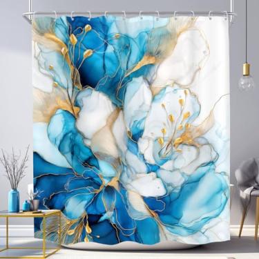 Imagem de KOMLLEX Cortina de chuveiro floral azul para decoração de banheiro 152 cm L x 182 cm A azul dourado ombré flor abstrata luxo moderna textura de tinta tecido minimalista poliéster impermeável pacote