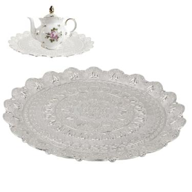 Imagem de Bandejas de servir, bandeja de metal para servir chá turco e café, prato de café redondo, padrão em relevo, estilo vintage, para bar, cômoda ao ar livre, sobremesa (prata)