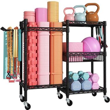 Imagem de FUTASSI Armazenamento de academia em casa, armazenamento e organizador de tapete de ioga rolante, rack de armazenamento de equipamentos esportivos para tapetes de ioga, halteres, kettlebells, rolos de espuma, faixas de resistência, 29 cm P x 91 cm L x 82 cm A, preto